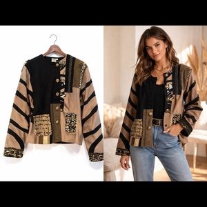 Parsley & Sage Patchwork Jacket Boho Mixed Print Button Top L
